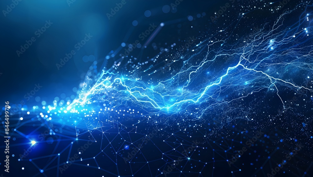 Abstract vector lightning bolt on a blue background with a glowing effect, symbolizing speed and power in a technology concept
