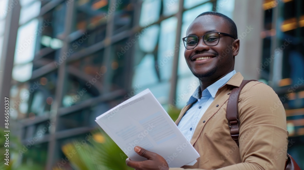 Confident Black Man Holding Investment Certificates in Corporate Environment - Investment Success and Financial Growth Concept Confident Black Man Holding Investment Certificates in Corporate Environment - Investment Success and Financial Growth Concept