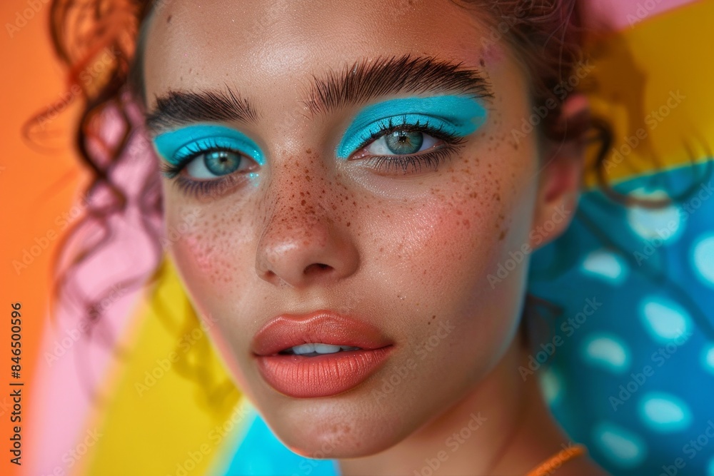 Model with bold blue eyeshadow, thin eyebrows, and matte lipstick in front of a colorful, neon-inspired 90s background