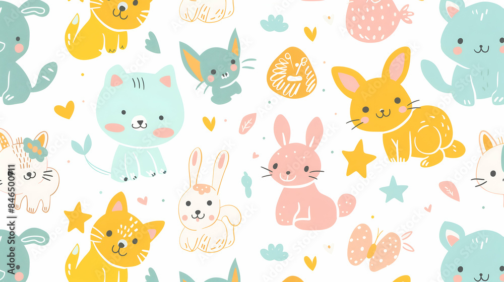 A cute pattern featuring small, adorable animals like kittens, bunnies, and foxes, illustrated in pastel colors. The background is white, making the colorful animals stand out, perfect for children’s A cute pattern featuring small, adorable animals like kittens, bunnies, and foxes, illustrated in pastel colors. The background is white, making the colorful animals stand out, perfect for children’s