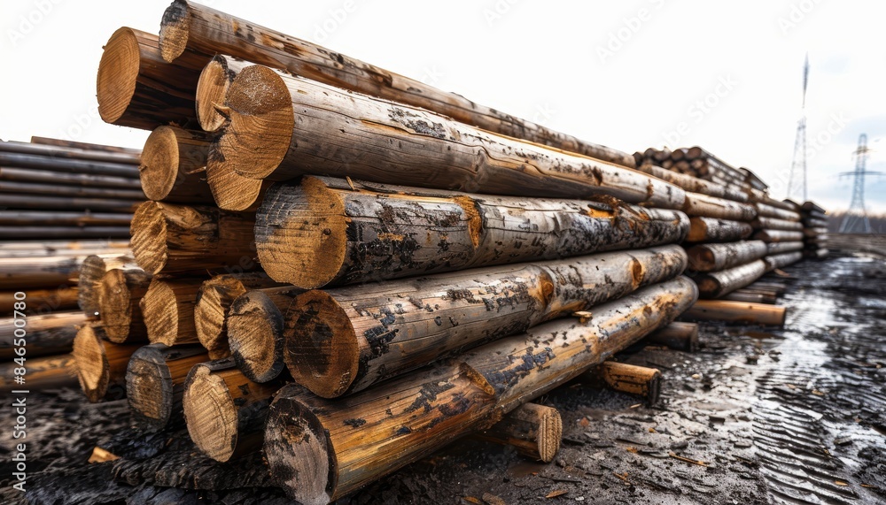 Stack of freshly cut logs at a timber yard, ready for processing. Industrial wood, forestry, and lumber industry photography. Stack of freshly cut logs at a timber yard, ready for processing. Industrial wood, forestry, and lumber industry photography.