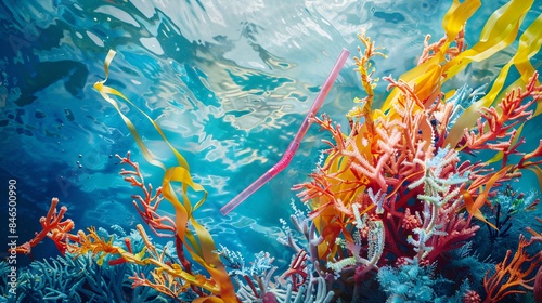 A striking visual metaphor of a plastic straw entangled with the delicate fronds of a coral reef, its toxic presence symbolizing the insidious threat posed by single-use plastics to fragile marine photo