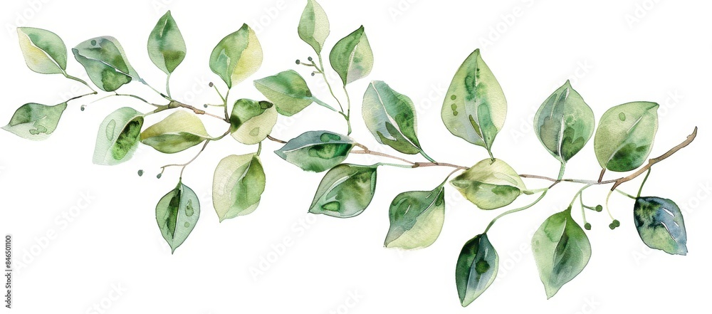 Watercolor Painting of Green Leaves on a Branch. Watercolor Painting of Green Leaves on a Branch.