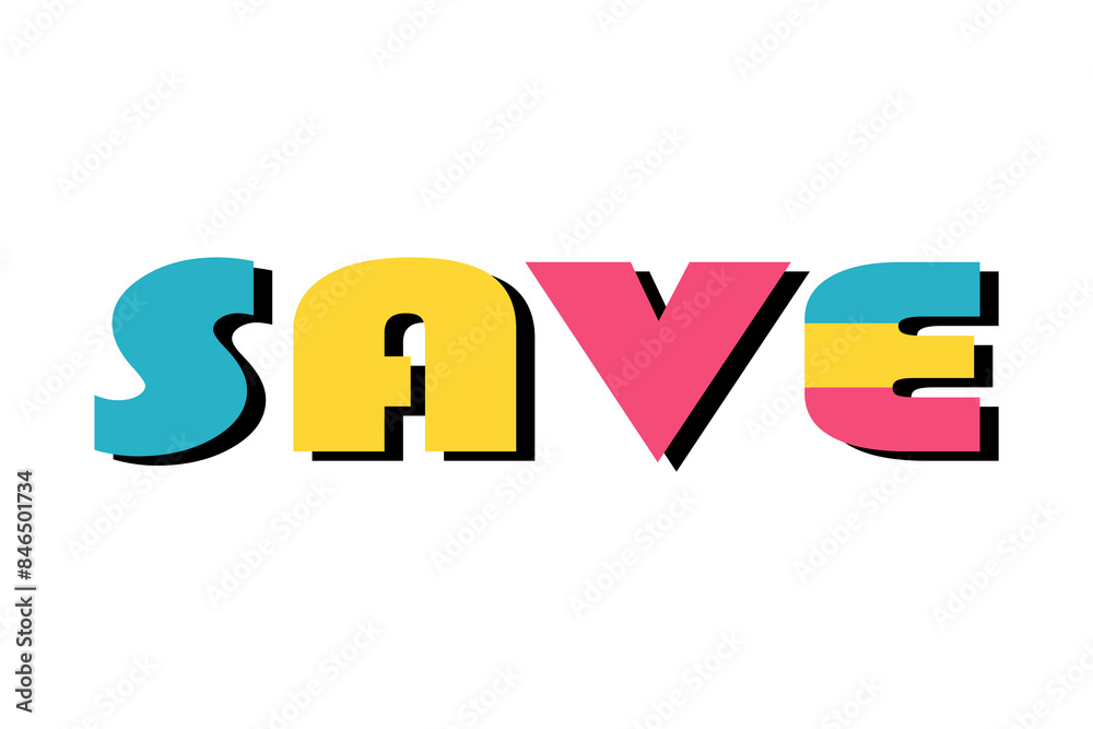 The word SAVE. An icon in the style of the 80s and 90s. Bright colors. Vector graphic element. Button The word SAVE. An icon in the style of the 80s and 90s. Bright colors. Vector graphic element. Button