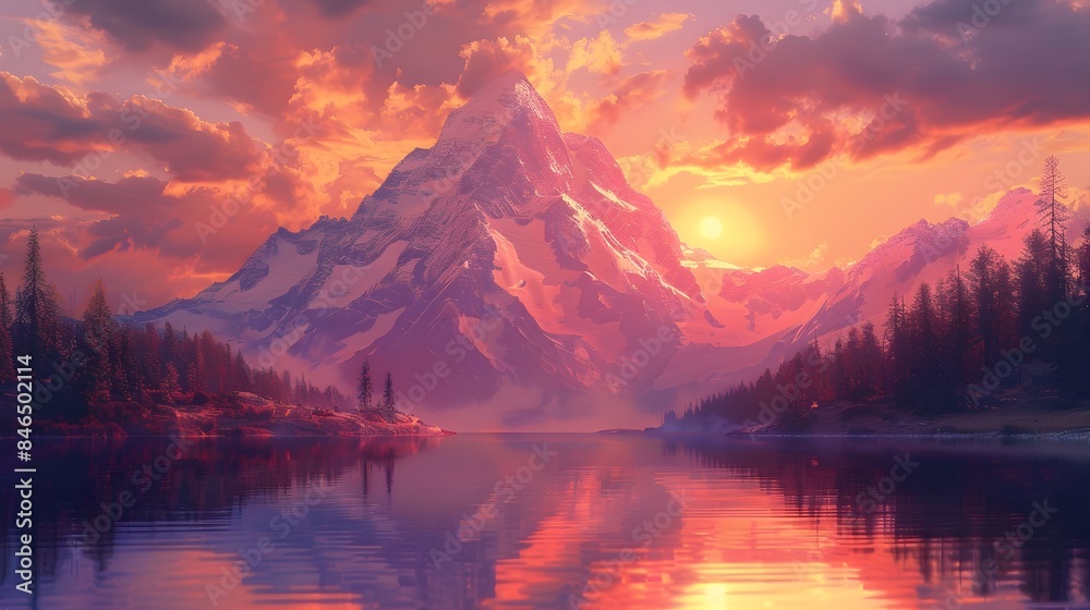Majestic Mountain Peak Rising from Serene Lake at Sunset in Digital Painting Majestic Mountain Peak Rising from Serene Lake at Sunset in Digital Painting