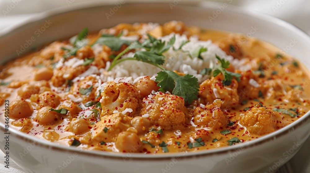 A creamy coconut curry made with cauliflower, tofu, and chickpeas, served in a monochromatic white bowl with a garnish of coconut flakes and cilantro A creamy coconut curry made with cauliflower, tofu, and chickpeas, served in a monochromatic white bowl with a garnish of coconut flakes and cilantro