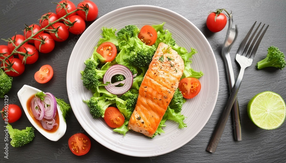 Healthy ketogenic lunch featuring grilled salmon fillet green leafy salad with tomatoes onion and broccoli Top view Healthy ketogenic lunch featuring grilled salmon fillet green leafy salad with tomatoes onion and broccoli Top view