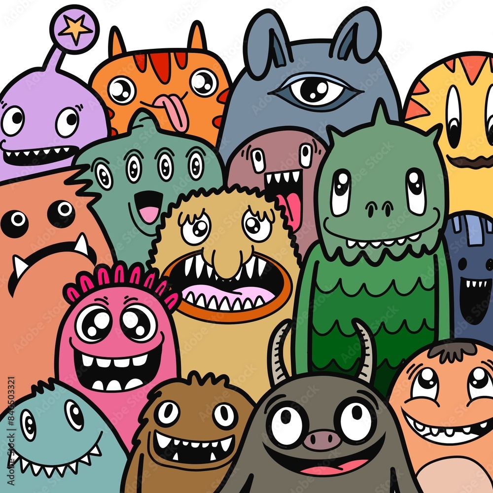 Hand-drawn illustrations, monsters doodle, Hand Drawn cartoon monster illustration,Cartoon crowd doodle hand-drawn Doodle style.
