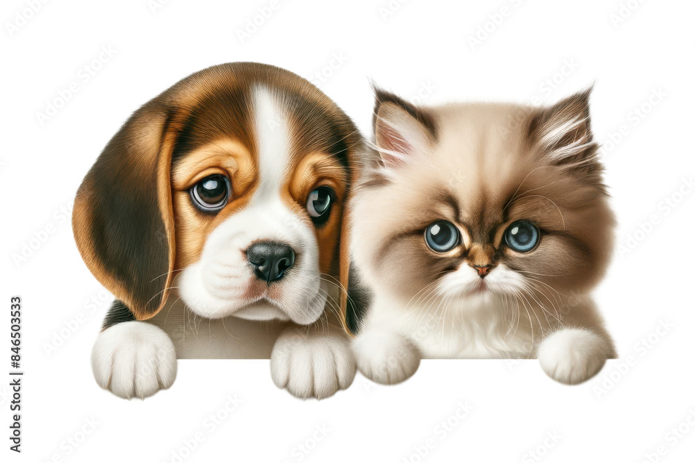 Obraz premium Adorable beagle puppy and himalayan kitten peeking, isolated on transparent background