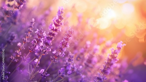 Blooming lavender in a field at sunset. Close up.