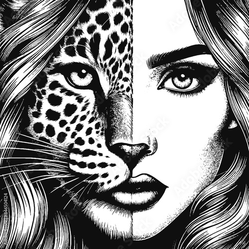Vector sketch of half woman, half leopard animal, black and white, illustration