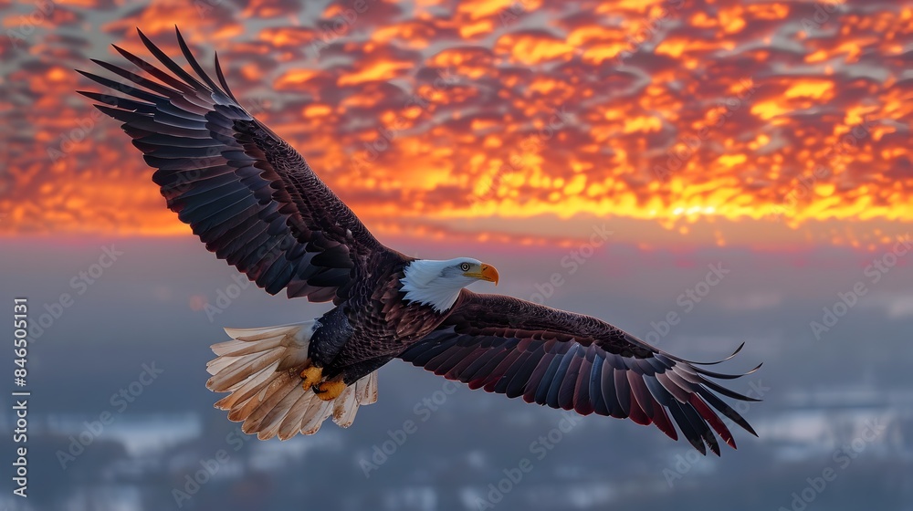 Naklejka premium Majestic Bald Eagle Soars Against Vibrant Sunset Sky in Worm s Eye View