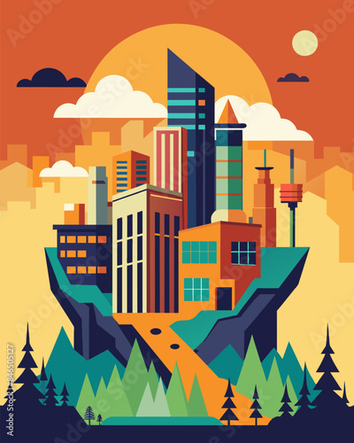 The wealthy part of town is adorned with modern and flashy architecture while the impoverished area is filled with aging and deteriorating buildings.. Vector illustration