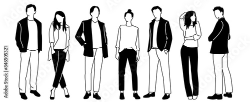Group men and  women  stand, black and white colors, cartoon character, silhouettes standing  people, fashion model; design concept of flat icon, hand draw vector illustration, isolated on white