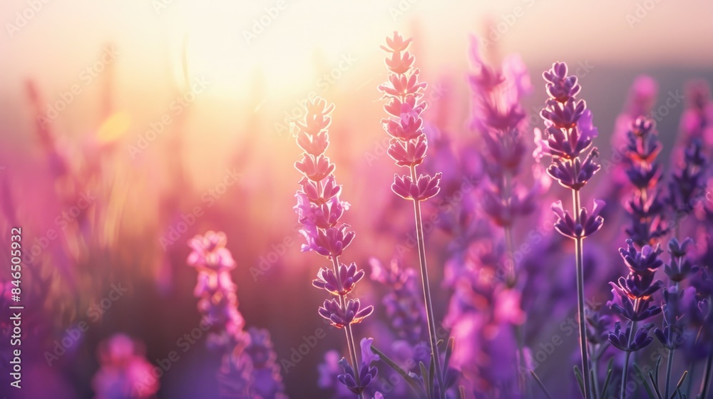 Naklejka premium Blooming lavender in a field at sunset. Close up.