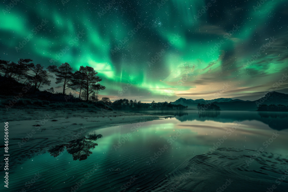 Northern Lights over a scenic beach with silhouetted trees and starry night sky in the background.