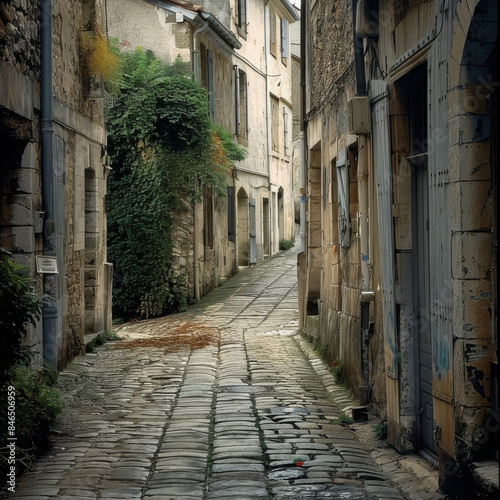 Charming cobblestone street in a rustic village with stone houses and lush greenery, creating a picturesque and tranquil scene.