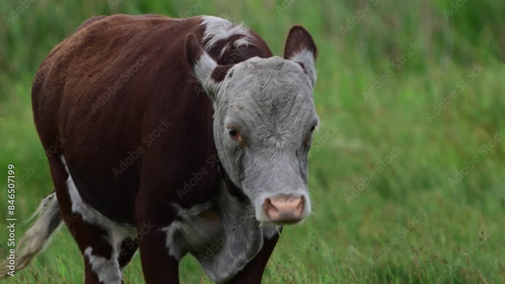 Portrait cow, a cute young animal. Slow motion. A cow is walking in a meadow. Portrait cow, a cute young animal. Slow motion. A cow is walking in a meadow.