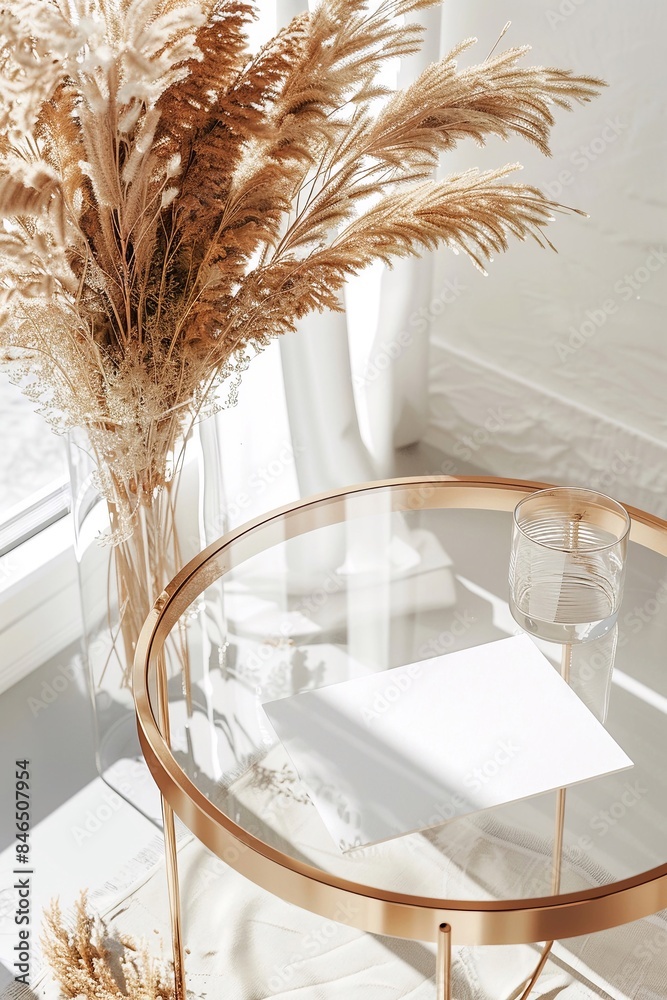 Tavolino di cristallo con vaso e fiori secchi. Arredamento elegante Tavolino di cristallo con vaso e fiori secchi. Arredamento elegante