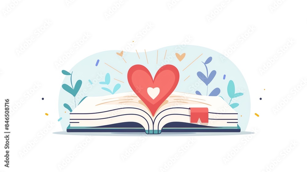 Top view flat design of an open book with a heart-shaped bookmark, surrounded by soft light, representing hope and gratitude Top view flat design of an open book with a heart-shaped bookmark, surrounded by soft light, representing hope and gratitude