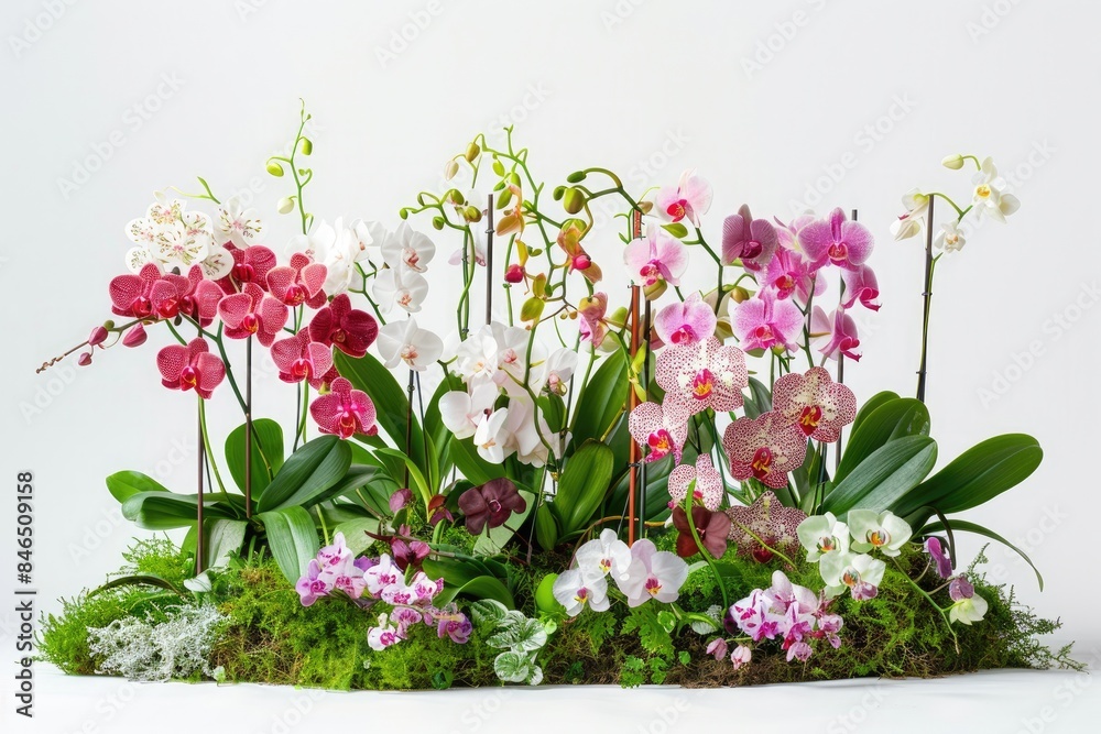 Multiple orchid plants of different varieties placed together Multiple orchid plants of different varieties placed together