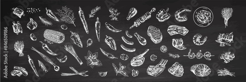 Set of hand-drawn sketches of barbecue and picnic elements, meat. For the design of the menu of restaurants and cafes, grilled food. Doodle vintage illustration on chalkboard background.