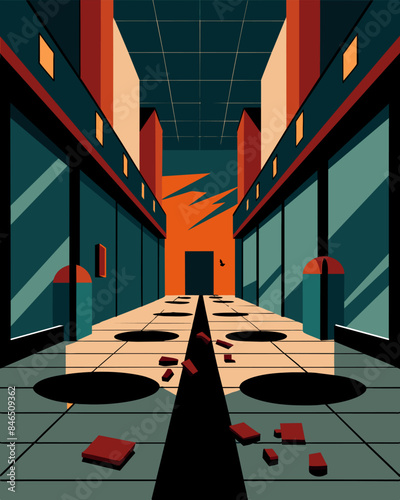 The sound of footsteps echo through the abandoned mall the only audible sign of life.. Vector illustration