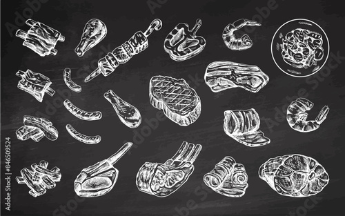 Set of hand-drawn sketches of different types of meat, ribs, steaks, shrimp, chicken, grilled vegetables, barbecue. Doodle vintage illustration. Engraved image on chalkboard background.