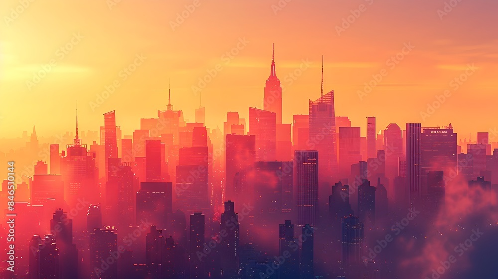 Fototapeta premium Sleek Modern Cityscape Skyline at Vibrant Sunrise Symbolizing New Corporate Beginnings
