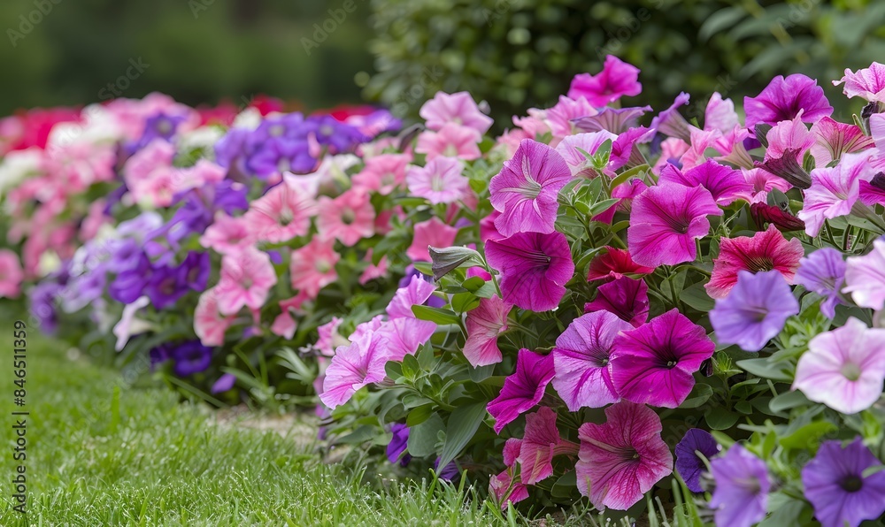 Obraz premium flower border with colouful flowering Petunia Wave Sweetheart, Generative AI