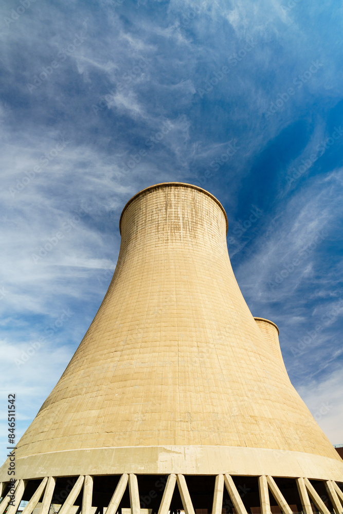 Giant cooling tower in a factory in blue sky background from different perspectives