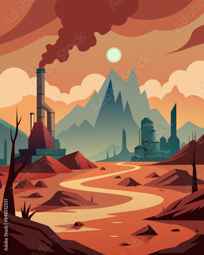 The oncebeautiful landscape now desolate and barren due to the destruction caused by the factorys pollution.. Vector illustration