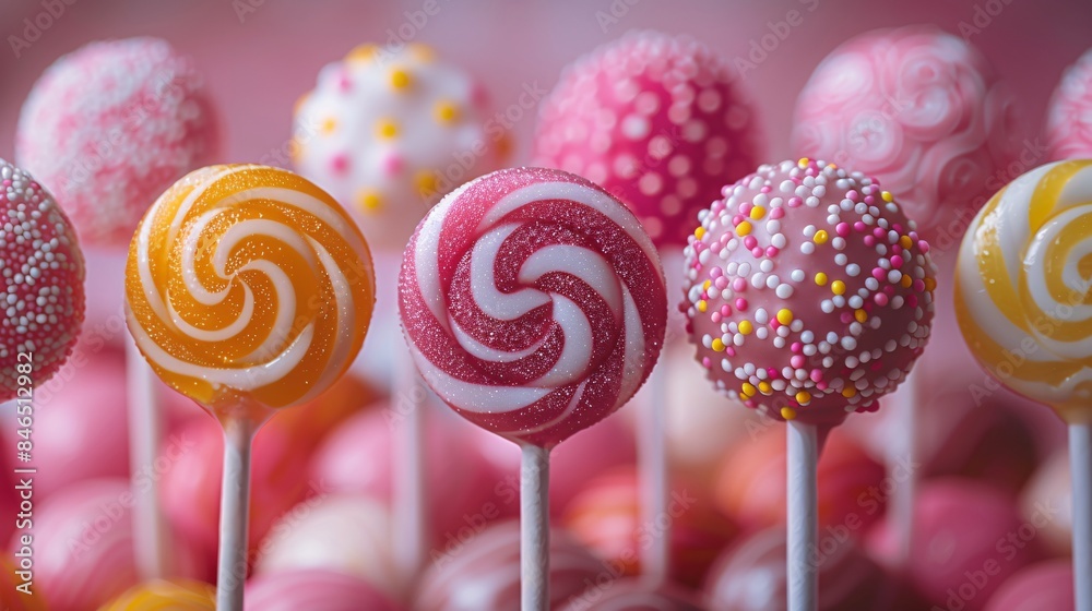 A sweet and colorful mix of lollipops, including swirled, striped, and polka-dotted varieties, captured in 35mm film style, with depth of field and tilt blur effects A sweet and colorful mix of lollipops, including swirled, striped, and polka-dotted varieties, captured in 35mm film style, with depth of field and tilt blur effects