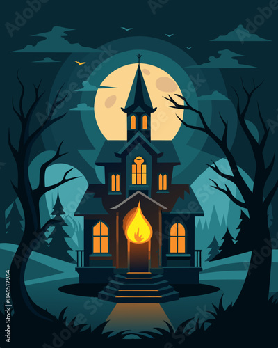 The flickering gaslight in the old mansion created a sinister glow setting the perfect mood for a horror story.. Vector illustration