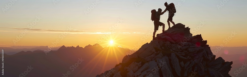 Teamwork at Mountain Sunset, Climbers Helping Each Other Teamwork at Mountain Sunset, Climbers Helping Each Other