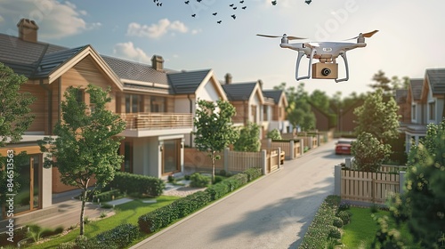 Autonomous drone delivering a package to a modern home in a suburban neighborhood.