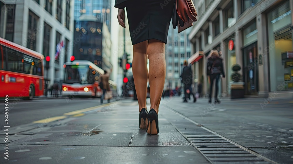 Businesswoman in high heels, walking briskly down a city street towards her office. Businesswoman in high heels, walking briskly down a city street towards her office.