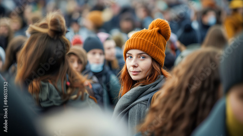 A woman boldly looks at the camera amidst a bustling street crowd, her confident gaze standing out in the lively scene.