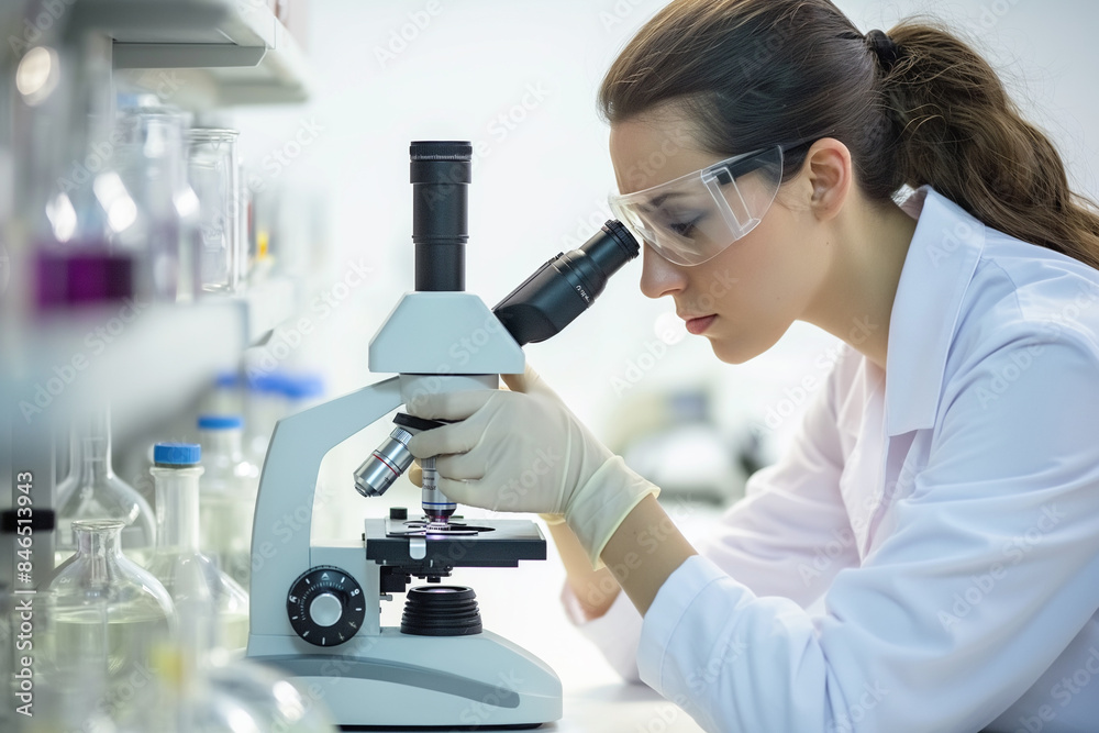 female scientist using a microscope in chemical lab female scientist using a microscope in chemical lab