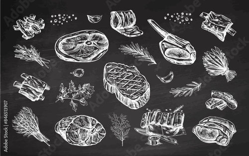Set of hand-drawn sketches of barbecue meat pieces with herbs and seasonings. For the design of the menu of restaurants and cafes, steaks. Vintage doodle illustration on chalkboard background.