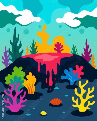 The colorful coral reefs now bleached and suffocating under a layer of oil and chemical pollution.. Vector illustration