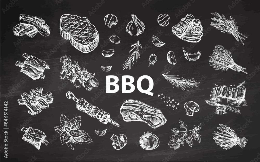 Set of hand-drawn sketches of barbecue elements. For the design of the menu of restaurants and cafes, grilled food. Doodle vintage illustration. Engraved image on chalkboard background. Set of hand-drawn sketches of barbecue elements. For the design of the menu of restaurants and cafes, grilled food. Doodle vintage illustration. Engraved image on chalkboard background.