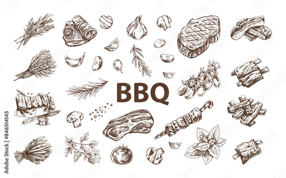 Set of hand-drawn sketches of barbecue elements. For the design of the menu of restaurants and cafes, grilled food. Doodle vintage illustration. Engraved image. Set of hand-drawn sketches of barbecue elements. For the design of the menu of restaurants and cafes, grilled food. Doodle vintage illustration. Engraved image.