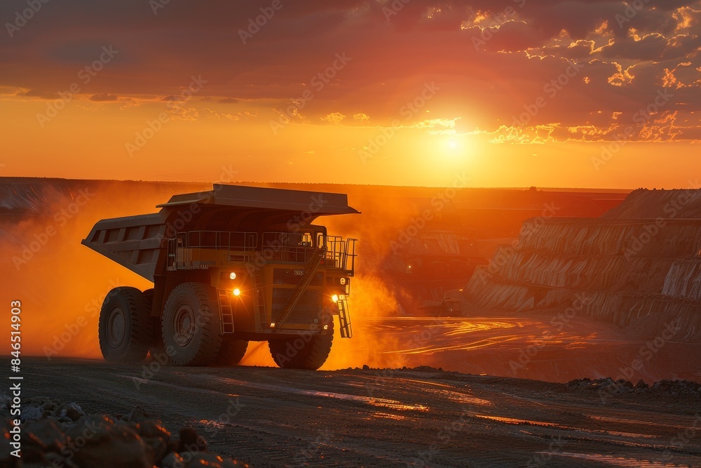 Fototapeta premium Golden Hour at the Mining Site, Large Truck in Operation at Sunset Panorama.