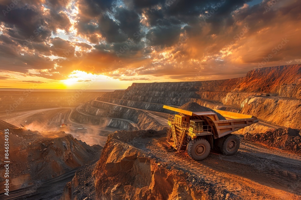 Majestic Sunset at Surface Mining Site, Huge Mining Truck in Action against Beautiful Skyline. Majestic Sunset at Surface Mining Site, Huge Mining Truck in Action against Beautiful Skyline.