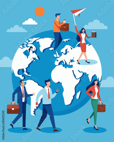 In a struggling economy a group of business owners migrates to a more developed country to expand their companies and take advantage of new markets.. Vector illustration