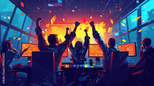 A startup founder celebrating a successful stock market launch with their team in a high-energy office.