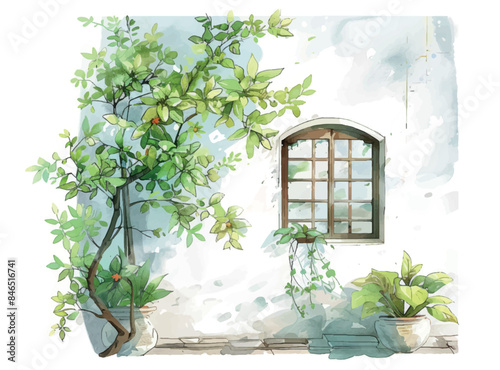 A watercolor painting depicting a window with greenery on a white wall