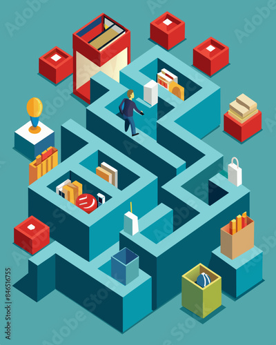 The once organized rows of merchandise had become a labyrinth of excess with no end in sight.. Vector illustration