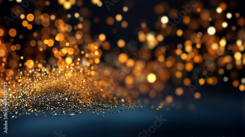 abstract background with Dark blue and gold particle. Christmas Golden light shine particles bokeh on navy blue background